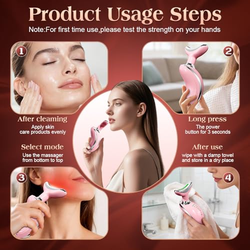 Pink Face and Neck Massager with Smart Vibration, Red Light & EMS Modes - Mdewirt