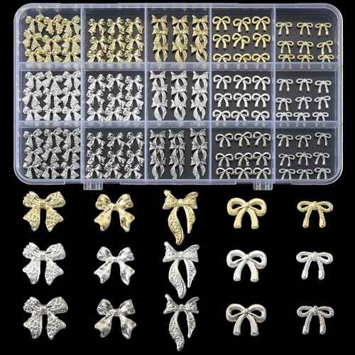 135 Pcs Bow Nail Charms 5 Styles Metal Bow Charms for Nails Gold Silver and White Gold