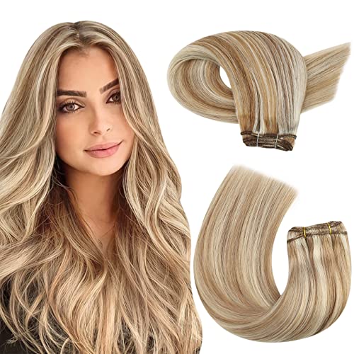 Moresoo Sew in Hair Extensions Real Human Hair Blonde Highlights Remy Weft Human Hair Extensions Medium Brown with Blonde Sew in Weft Hair Extensions Human Hair 18 Inch 100g