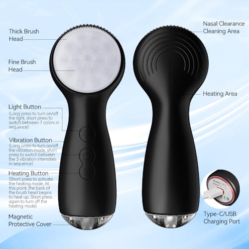 Facial Cleansing Brush, Face Scrubber, Electric Face Brush with 7 Colors, Rechargeable Waterproof Exfoliator with Heat and Vibration, Deep Cleansing and Massage for Men and Women(Black)