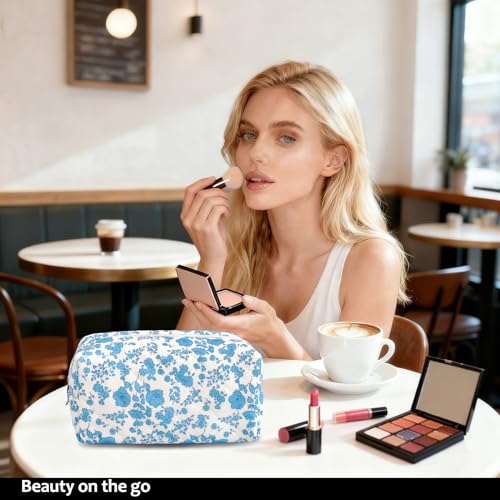 Quilted Floral Makeup Bag for Women - Compact Cosmetic & Toiletry Organizer