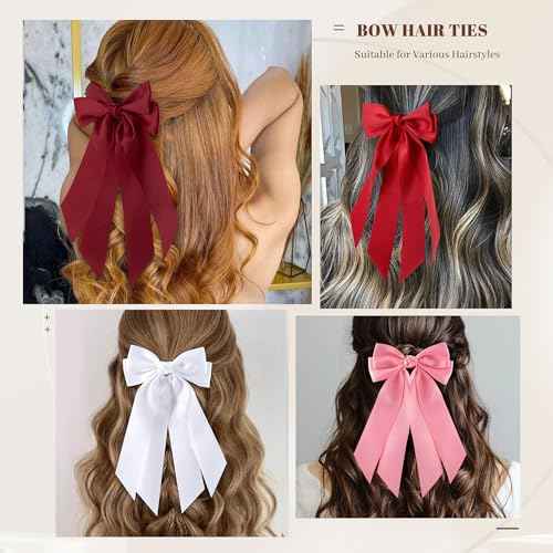6Pcs Bow Hair Ties Non-Damage Ponytail Holders Hair Bows Ribbon for Women Fashion Bows Accessories for Girls Elastic Hair Bands(White/Pink/Red/Black)