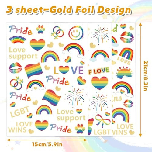 100Pcs Gay Pride tattoos,Gold Foil LGBT Rainbow Temporary Tattoos,Waterproof Rainbow Flag Tattoo Stickers for Pride Equality Parades Celebrations