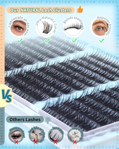 PHKERATA Wispy Lash Clusters Natural Eyelash Extensions C Curl (10-16mm, 36/54 Pcs)
