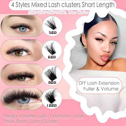 DAODER Thick Short DIY Lash Extension Kit 640pcs 50D 60D 80D 100D Mixed Volume 3D Cluster Eyelash Extensions Fluffy D Curl Individual Lashes Clusters with Lash Remover Bond Seal 9-13mm