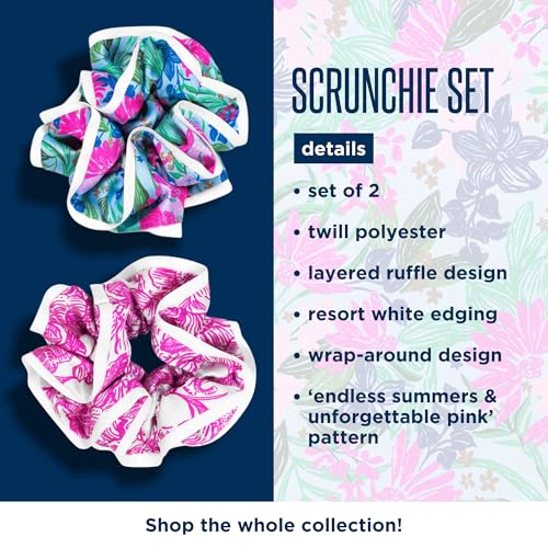 Lilly Pulitzer Hair Scrunchies for Thin or Thick Hair, Cute Ruffled Hair Ties for Women, Set of 2 (Unforgettable Pink/Endless Summer)