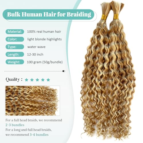 Human Braiding Hair Deep Water Wave Bulk Human Hair for Boho Braids No Weft 2 Bundles 22 Inch Strawberry Blonde with 613 Bleach Blonde Highlights Wet and Wavy Twist Hair Braiding for Knotless Bohemian