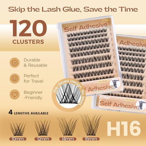 Self Adhesive Eyelashes Cluster, 10-16mm Pre Glued Lash Clusters Natural Look Wispy Press on Lashes No Glue Needed, Reusable, DIY Eyelash Extensions
