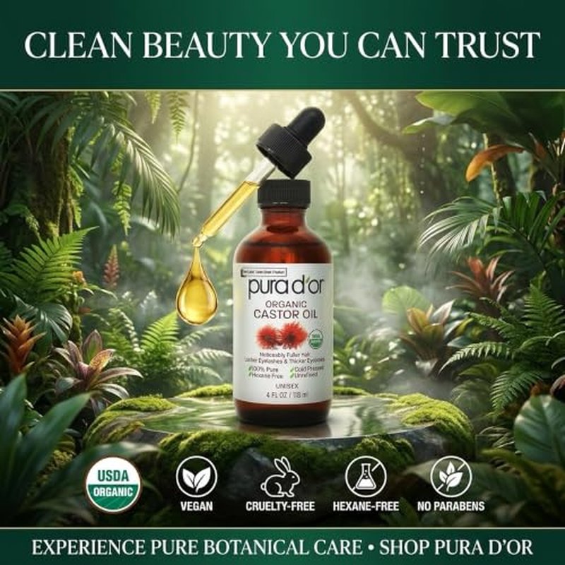 PURA D'OR Organic Castor Oil 4oz - Eyelash & Eyebrow Serum + 2 Brushes