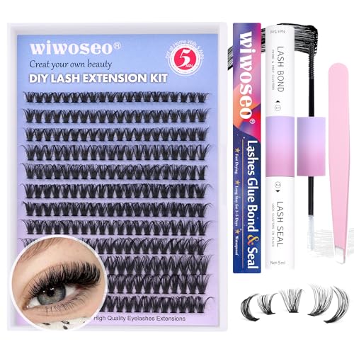 DIY Lash Extension Kit, 240Pcs Lash Cluster Individual Eyelash Extension Kit Natural Volume DD Curly Cluster Lashes with Lash Bond and Seal, Application at Home DIY Eyelash Extensions Kit(50p, 9-16MM)