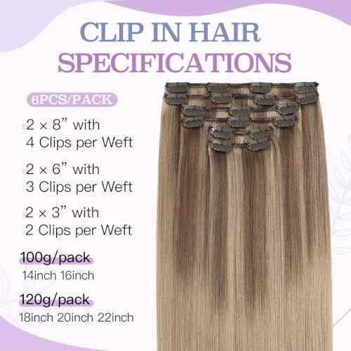 Sindra Human Hair Clip in Extensions Balayage Golden Brown to Light Blonde Hair Extensions Clip In Highlights Blonde 14 Inch 100g 6pcs Thick Double Weft C14#10/16/16