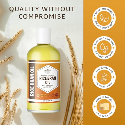 ORGANIC RICE BRAN OIL (8 oz) Premium Cold Pressed Unrefined | 100% Pure Rice Bran Oil for Skin, Face, Hair, Soap Making | Carrier for Essential Oils | Available in Bulk | 8 FL OZ