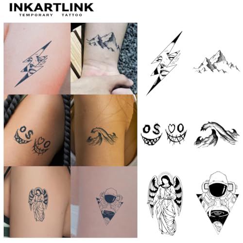 INKARTLINK Tattoo Tech,6 Sheets Small Semi Permanent Tattoo, Temporary Tattoos Adult, Last 1-2 Weeks, Waterproof, Realistic look, No Adhesive, No reflection (Lightning, Mountain Range）