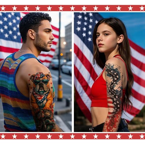 32 Sheets Independence Day Temporary Tattoo, USA Flag Patriotic Waterproof Fake Tattoos, Red White Blue Party Supplies Temp Tattoo Kits 4th of July Memorial Day, Veterans Day Summer Festivals