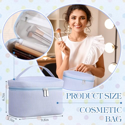 Large Makeup Bag for Women Toiletry Bag, Aesthetic Cute Seersucker Cosmetic Pouch, Teen Gift for Her Mom Girlfriend Wife Teacher Aesthetic Skincare Brushes Storage Organizer(Blue)