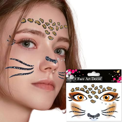 Leopard Face Temporary Tattoos Cheetah Face Stickers Leopard Face Stickers Cheetah Face Tattoo Makeup Cheetah Leopard Print Tattoos Glitter Halloween Cosplay Costume Accessories for Face Stickers 1Pcs