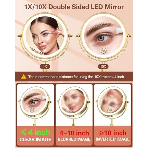 Benbilry Lighted Makeup Mirror with 3 Color Lights & 10X Magnification, Adjustable Brightness & Height, 7 Inch 360¡Æ Swivel Rechargeable 10X LED Magnifying Vanity Mirror with Light, Gold