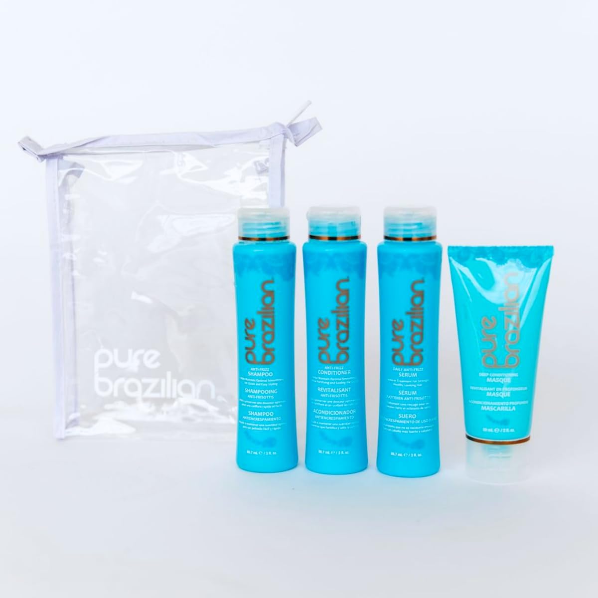 PURE BRAZILIAN - 4 Piece Essential Travel Size Kit: Anti-Frizz Shampoo, Conditioner, Serum & Masque