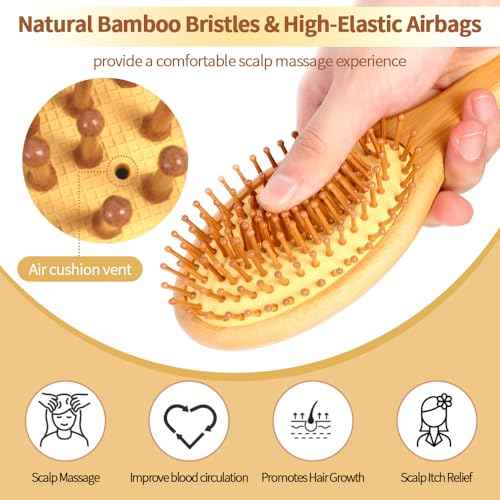 2 Piece Bamboo Hair Brush for Hair Growth, Wooden Paddle Detangler Hairbrush with Natural Bamboo Bristles, For All Hair Types - Women & Men, Scalp Massage, Smooths Tangles & Knots