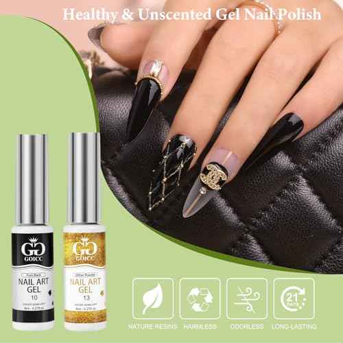 Gel Nail Art Polish Set with Thin Brush ? 4 Colors White Gel Nail Polish Black Silver Glitter Liner for Nail Art Design French Tips Soak Off UV/LED 8ml