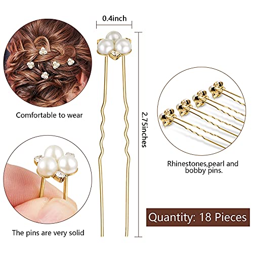Pearl Hair Pins 18 Pcs Bridal Wedding Rhinestone Bobby Clips Gold