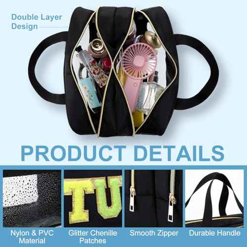 Pinkunn Large Stuff Bags with Handle Double Zippered Chenille Letter Stuff Bag Black Extra Large Clear Travel Pouch Waterproof Nylon Makeup Cosmetic Bag for Women Girls Travel Toiletry Supplies