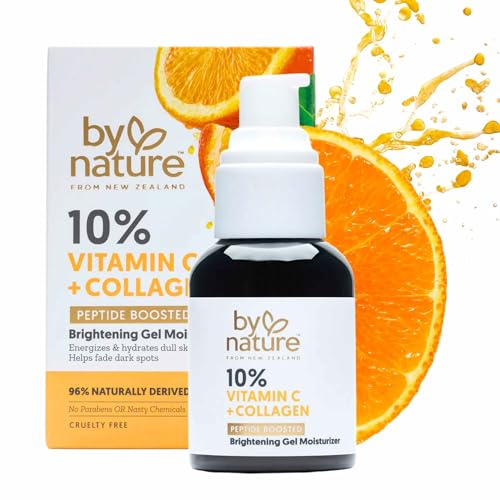 By Nature Gel Face Moisturizer - 10% Vitamin C + Collagen Peptide Moisturizer for Face and Neck - Energize and Hydrate Dull Skin + Fade Dark Spots - Dry Skin Face moisturizer Gel