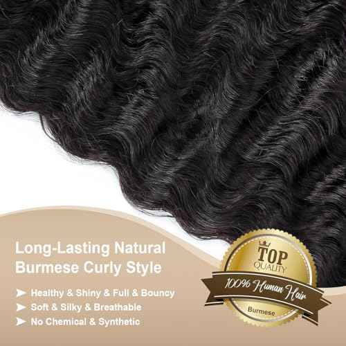 Burmese Curly Bundles Human Hair 18 20 22 Inch 12A Water Wave 3 Bundles 100% Unprocessed Quick Weave 3c4a Deep Wave Bundles with Spiral Curly End Real Human Hair Extensions Natural Black