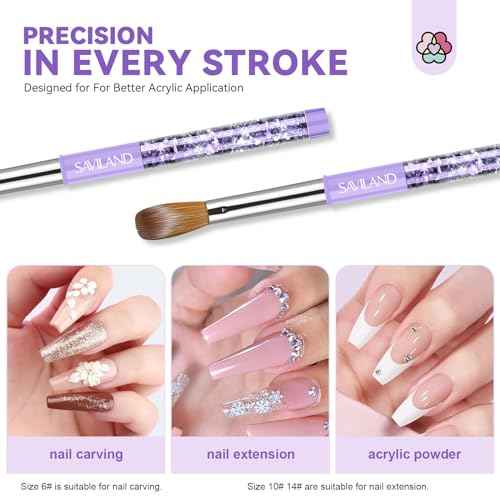 SAVILAND Kolinsky Acrylic Nail Brush Set: Size 6,10,14 Professional Manicure Brushes with Cleaner Tool & Purple Handle for Acrylic Powder,Nail Extensions & 3D Carving - Salon & DIY Nail Art Essentials