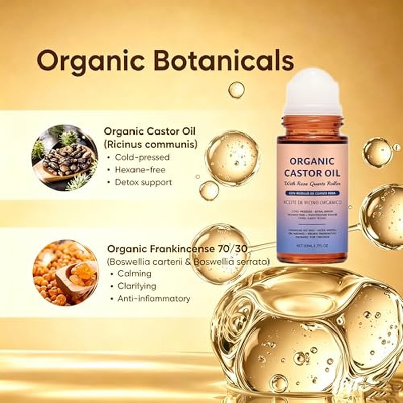 Organic Castor Oil with Rose Quartz Roller - 1.7oz Pure & Cold-Pressed