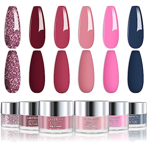 Lavender Violets Dip Powder Nail Kit, Large Capacity Set - 6 Colors Royal Blue Glitter Red Purple Lilac Dipping Powder for Nail Art Manicure Salon at home J213