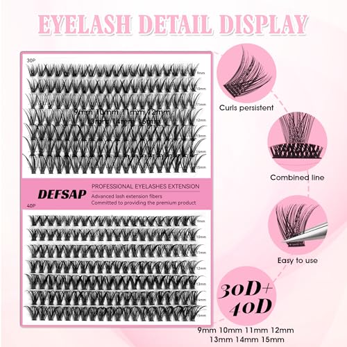 DIY Eyelash Extension Kit, 240pcs lash Extension Kit 9-15mm Mix, 30D 40D Curl Individual Lash Clusters with Bond, and Tweezers