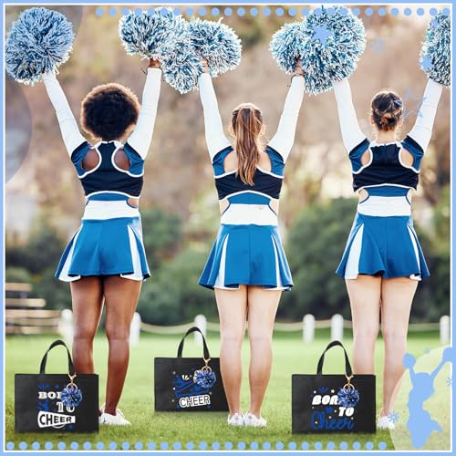Landical 72 Pcs Blue Cheerleading Gifts 24 Cheer Bags Portable 24 Pom Pom Keychain 24 Cheerleading Bracelet Canvas Makeup Bag Bulk Cheer Gifts Female Teammates Toiletries Accessories