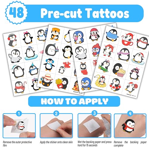 72PCS Penguin Party Favors | 48PCS Temporary Pre - cut Tattoos & 24PCS Slap Bracelets - Winter & Arctic-Themed Birthday Supplies, Baby Shower Gifts, Classroom Rewards & Party Decor for Kids
