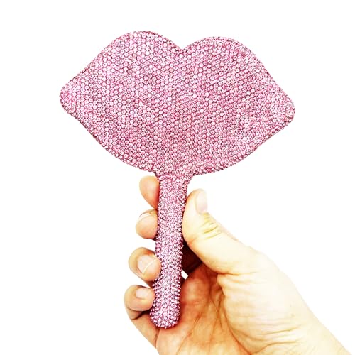 Rhinestone Handheld Mirror Heart Bling Glitter Cosmetic Dazzling Portable Hand Mirrors with Handle for Women Wedding Party (All Pink)