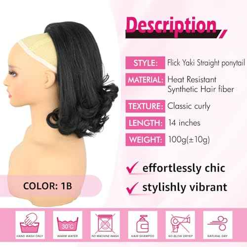 Flick Ponytail Extension 14 inch Yaki Straight Drawstring Ponytail for Black Women Shoulder Length Natural Black Synthetic Kinky Straight Hair Pony Tail with Tail Warping(1B)