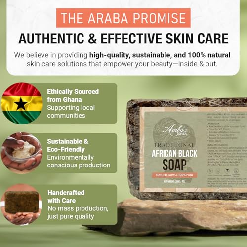 Araba's Shea Traditional African Black Soap ? 100% Raw, Natural & Handmade in Ghana ? With Shea Butter & Coconut Oil ? Deep Cleansing Face Wash & Body Soap for Acne, Dark Spots & Glowing Skin ? 7oz