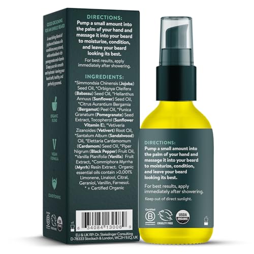Badger Beard Oil, Babassu & Jojoba, Certified Organic, Premium Beard Conditioner, Beard Oil for Dry Skin, Beard Oil for Long Beards, Facial Hair Oil, 1 fl oz Glass Bottle