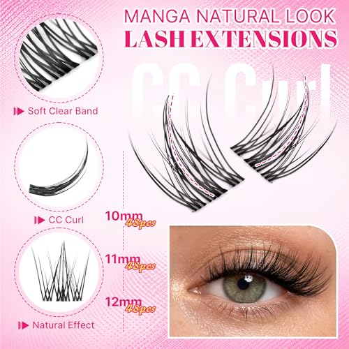Manga Lash Clusters Kit - 144pcs Wispy Anime Lashes with Invisible Band