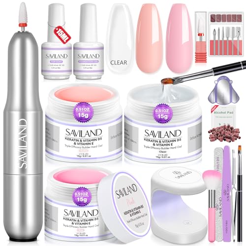 Saviland Builder Gel Set With Drill - 4 Pcs Hard Gel (VE&VB5&Kerain) Clear Pink Nudes, Lamp, Brush, Strengthener for Extension Shaping DIY at Home Salon