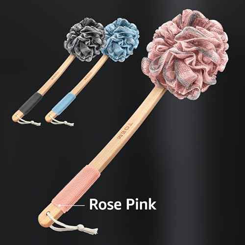 Loofah Back Scrubber for Shower | Bamboo Charcoal Fiber Infused | Loufas for Men & Women | Includes 1 Long Handled Shower Sponge, 1 Bath & Shower Luffa Pouf & 1 Hook to Hang Stuff (Rose Pink)