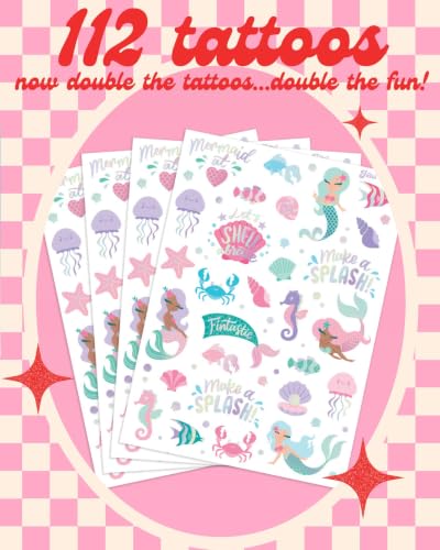Kids Mermaid Temporary Tattoos with Iridescent Foil - 112 Designs for Party Favors