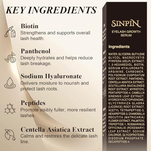 Natural Lash Growth Serum ? See Visible Results in 4 Weeks | SINPIN Eyelash Serum without Prostaglandin, Enriched with Biotin, Panthenol & Peptides for Longer, Thicker Lashes, 5ML