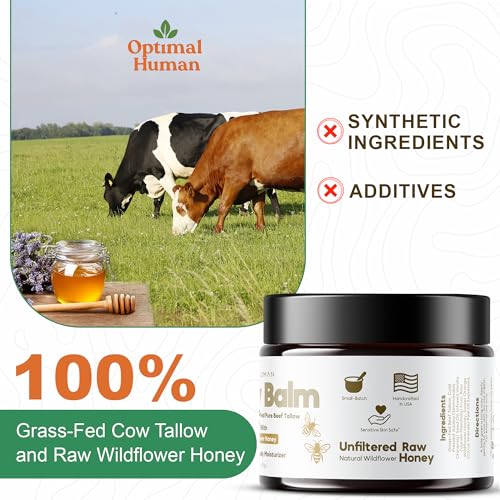 O H Optimal Human Raw Wildflower Honey Balm (2 Oz) ? 100% Grass-Fed Beef Tallow Balm - Body and Face Tallow Moisturizer - Non-Comedogenic, Ultra-Clean Formula For Moisture and Hydration