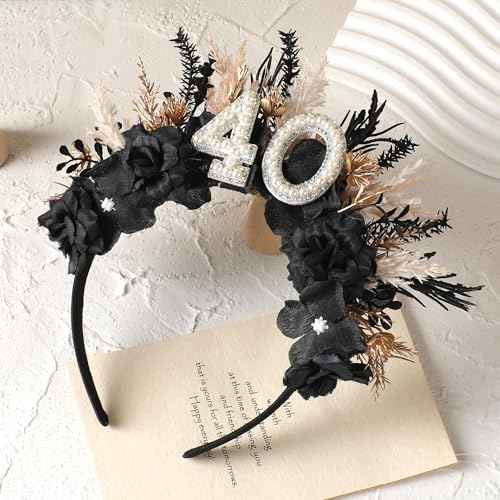 Black 40th Birthday Headband - 40th Birthday Crown for Her Gifts Ideas for Women Friends 40 Years Old Party Accessories