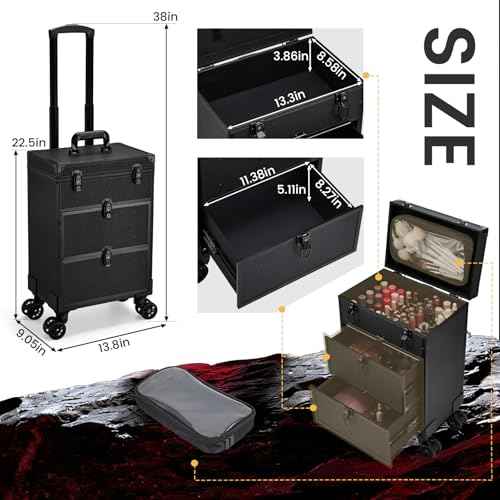 Professional 3 in 1 Rolling Makeup Case Cosmetology Case on Wheels 2 Large Drawer Nail Case Trolley Traveling Cosmetic Train Case with Makeup Pouch for Artists Nail Technician Salon Cart Trunk Black
