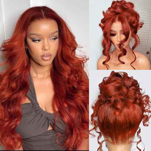 Reddish Brown 360 Body Wave Lace Front Wigs Human Hair 200% Density Pre Plucked Ginger Brown Human Hair Lace Front Wigs HD Transparent 360 Lace Frontal Colored Wigs Human Hair for Women 24 inch