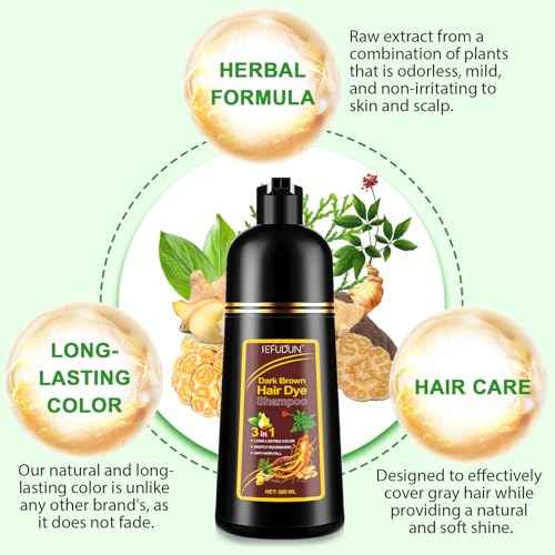 NIFEISHI Dark Brown Hair Dye Shampoo 3 IN 1, Hair Color Shampoo for Gray Hair, Coverage for Women & Men Natural Herbal Plant Semi Permanent Grey Hair Cover Treated 500ml