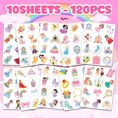 120 PCS Princess Temporary Tattoos for Kids Party Favors