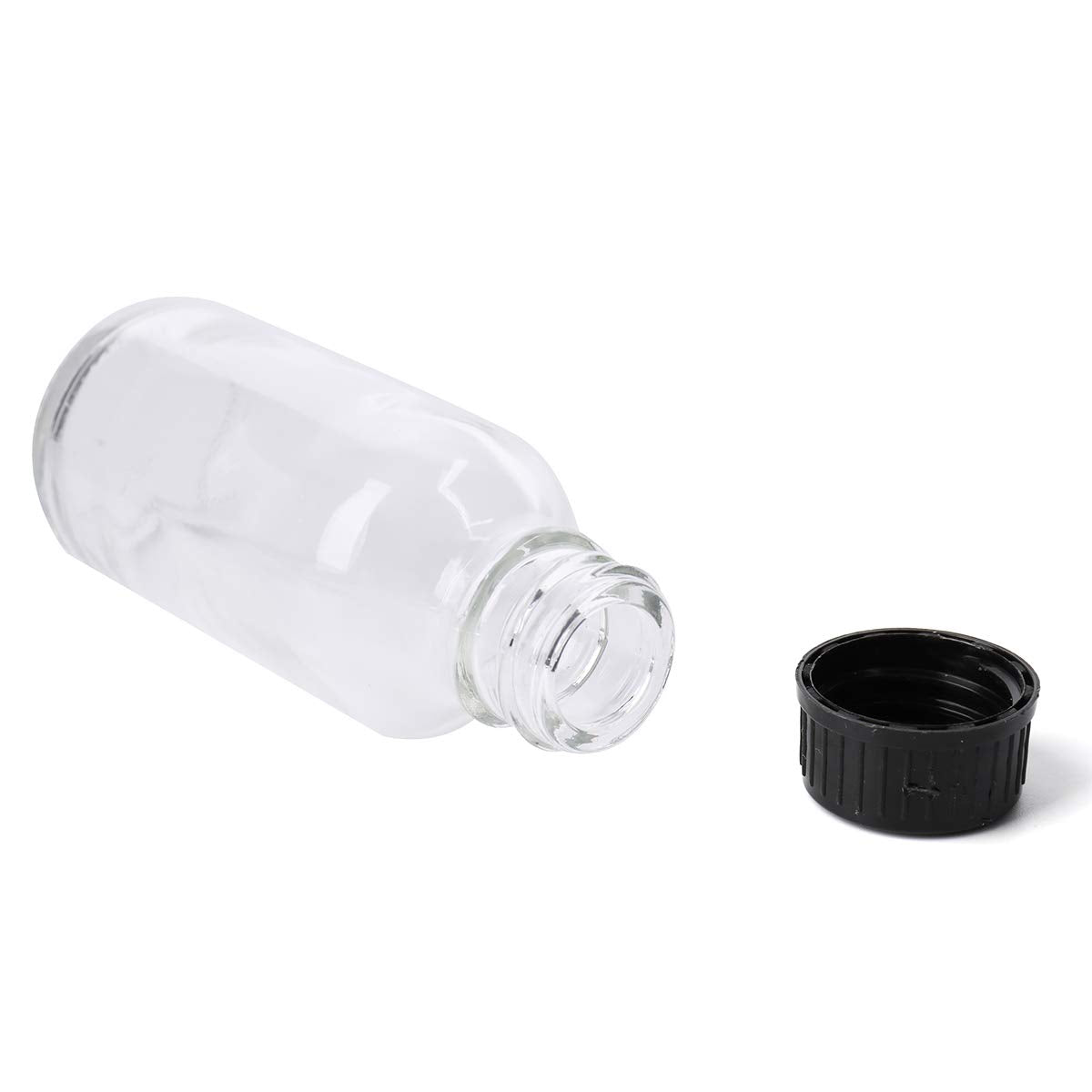 Bekith 30 Pack Boston Round Glass Bottle with Black Cap, 1 oz Capacity, Clear